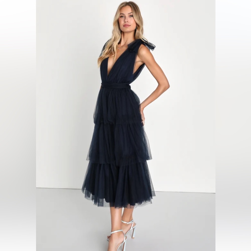 Lulu's Navy Blue Tulle Midi Dress